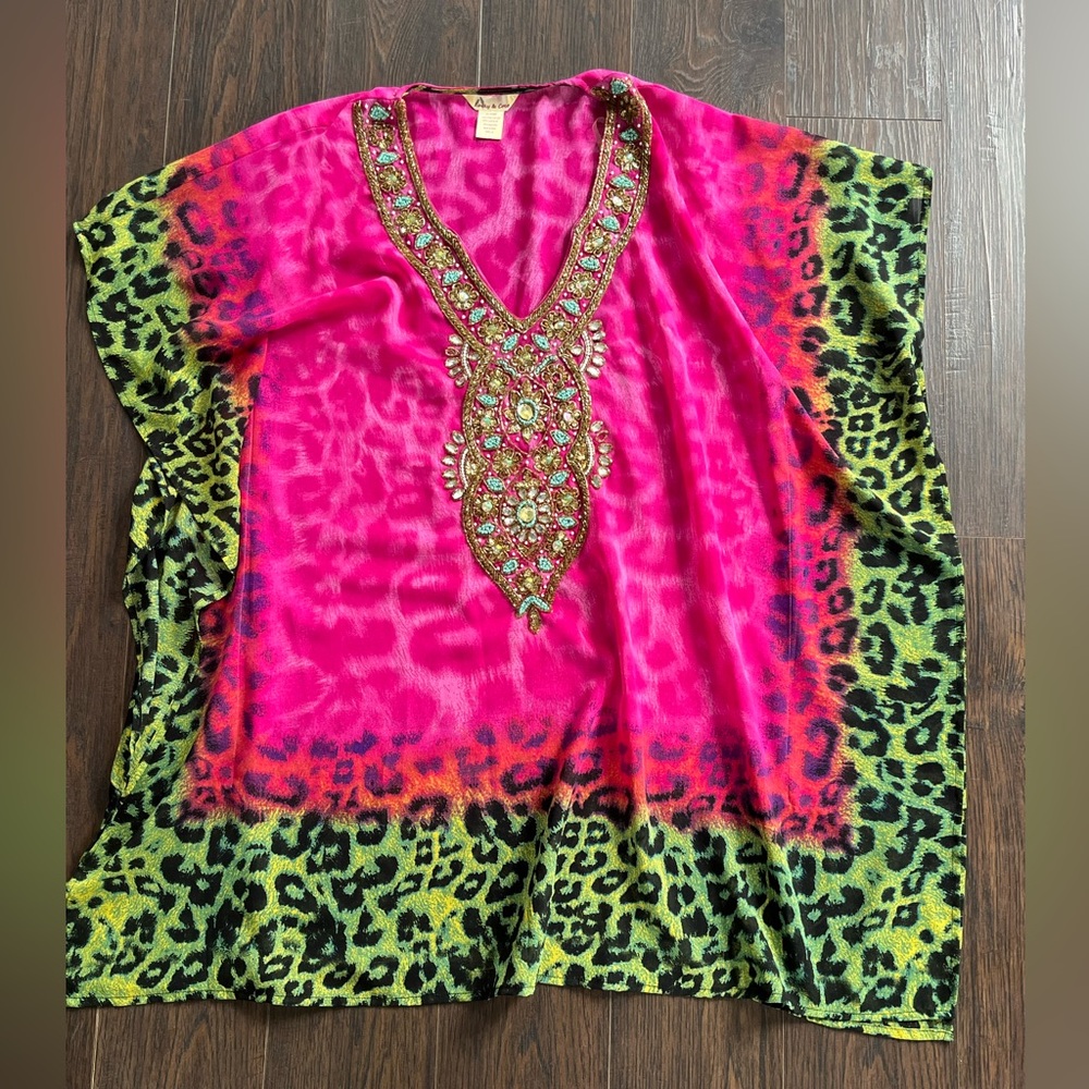 Vibrant Pink & Neon Green Beaded Women's Top